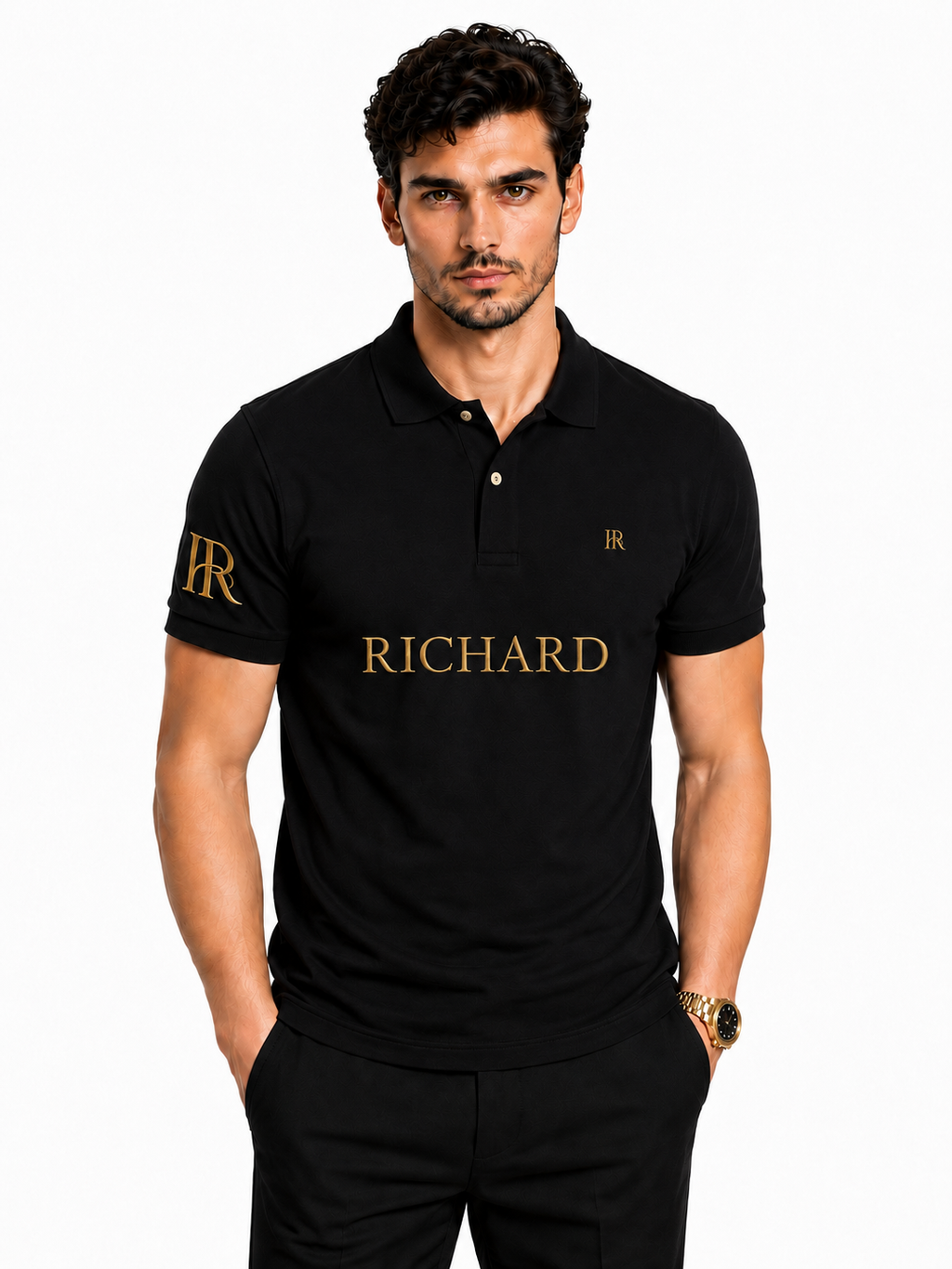 Man wearing a black polo shirt with 'Richard' branding on a white background

