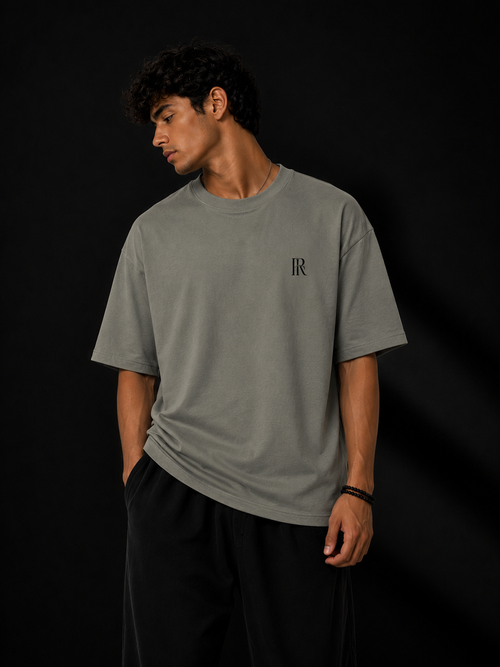 Richard Official Oversized Grey T-Shirt with black IR monogram embroidery — drop shoulder fit