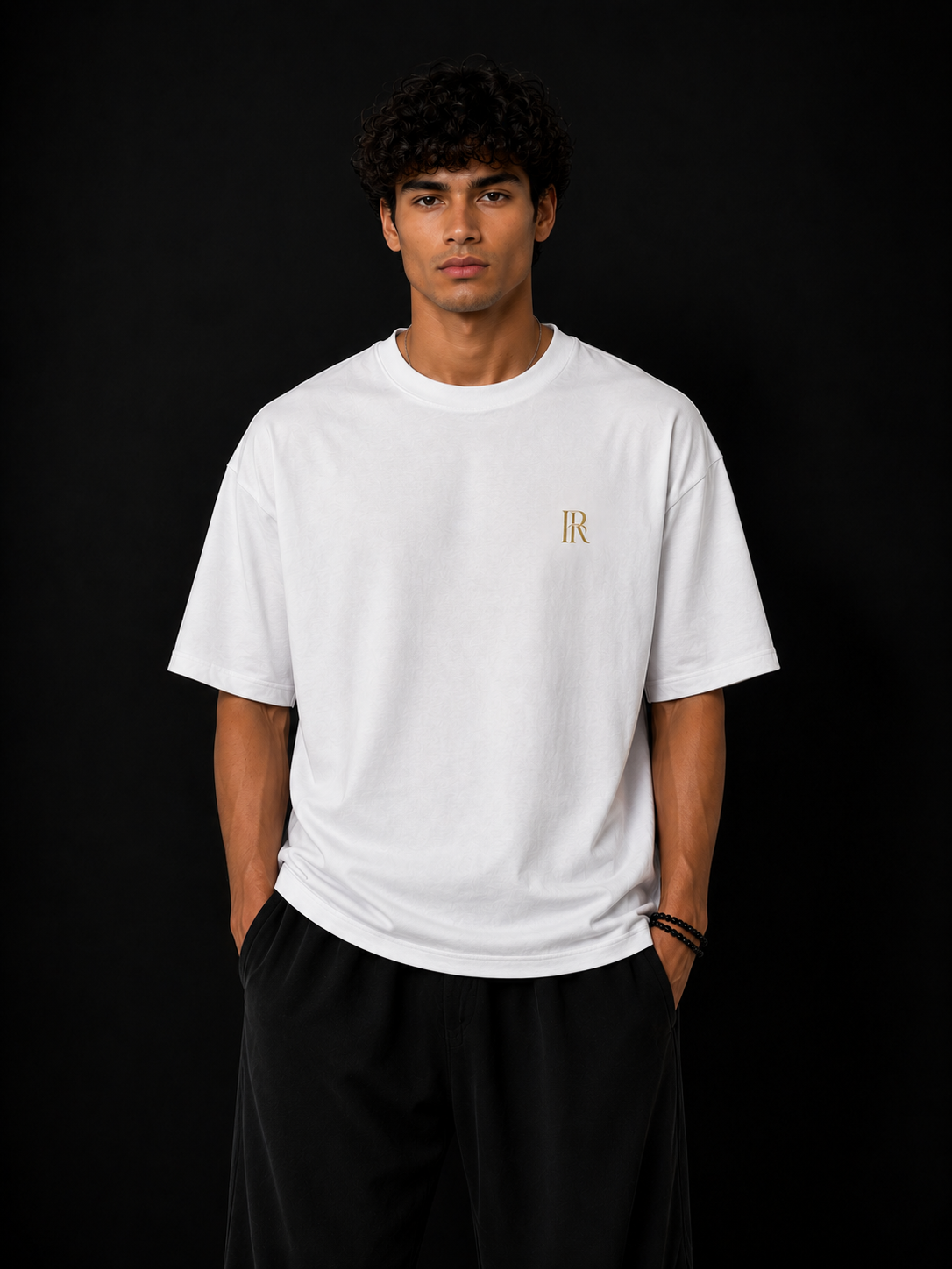 Richard Official Oversized White T-Shirt with gold IR monogram embroidery
